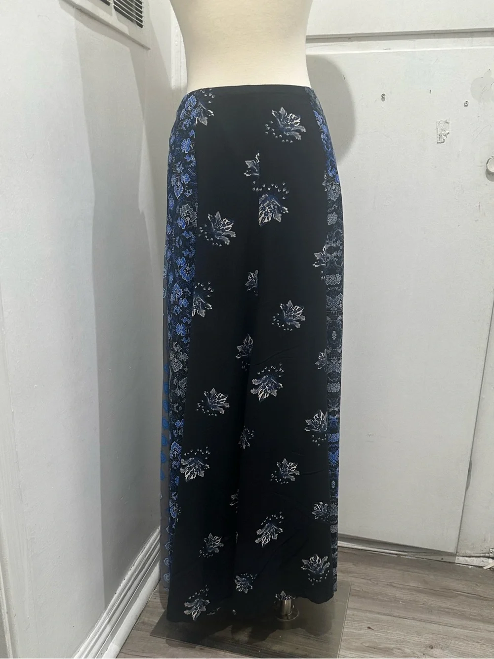 Free People Black Maxi Skirt with Blue Floral Print